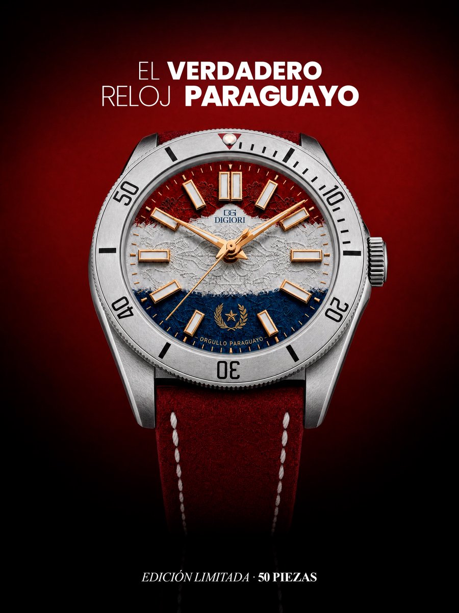 delpynews's tweet photo. ▶️ ¡UN RELOJ CON ALMA ALBIRROJA! | 🇵🇾⌚

❤️🤍💙 La relojería nacional DIGIORI Watches, impulsada por el paraguayo Giovanni Riquelme, lanzó una edición limitada inspirada en la Albirroja.

🕰️ El diseño lleva los colores rojo, blanco y azul, además de una esfera con relieve inspirado en el ñandutí, como homenaje a la cultura paraguaya.

🔥 La pieza cuenta con movimiento automático ETA 2824 y será una edición limitada de solo 50 relojes en todo el mundo.

📸 digioriwatches (Instagram)