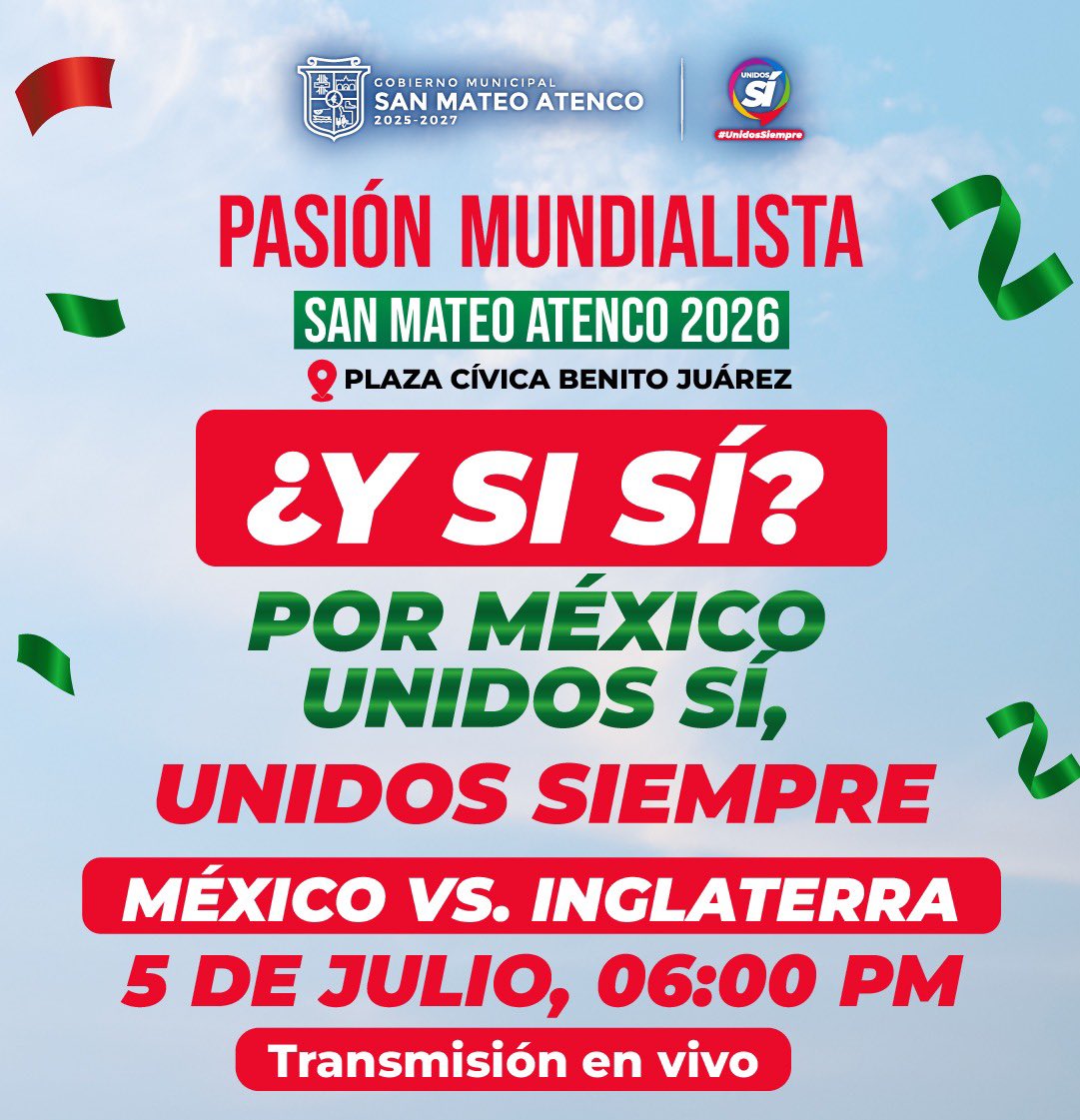 Anaamunizneyra's tweet photo. ¿Y si sí? ❤️🇲🇽

¡En #SanMateoAtenco la #PasiónMundialista la vivimos unidos y en familia! ⚽

Les esperamos este domingo, 5 de julio, en la plaza cívica Benito Juárez para disfrutar del partido entre México 🇲🇽 vs Inglaterra 🏴󠁧󠁢󠁥󠁮󠁧󠁿.

#UnidosSí, #UnidosSiempre https://t.co/bCEAYIdx1k