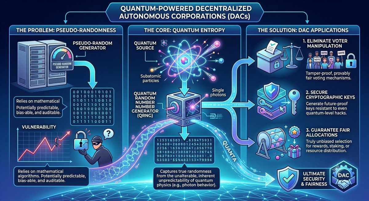 Rakib1737's tweet photo. Traditional computers use "pseudo-random" math—which can technically be predicted or manipulated. But quantum entropy taps into the literal, unpredictable nature of subatomic particles. ⚛️

By using quantum-generated random numbers (QRNG), a DAC can:
1️⃣ Eliminate voter manipulation in governance.
2️⃣ Secure cryptographic keys from future quantum hacks.
3️⃣ Guarantee 100% fair raffle, staking, or resource allocations.

No bias. No backdoors. Just pure physics running the code. 🚀 #Web3 #QuantumComputing #DAO #Blockchain #technoblade
