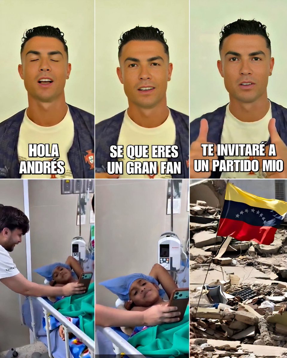 Mundo_MadridCF's tweet photo. EL GRAN DETALLE DE CRISTIANO CON VENEZUELA 🇻🇪 ❤️‍🩹
​Cristiano Ronaldo conmovió a todos al enviarle un emotivo mensaje a Andrés, un pequeño venezolano afectado por el reciente terremoto.
​Más allá de sus palabras de aliento, el astro portugués fue más allá e invitó al niño a presenciar uno de sus partidos para conocerse en persona.
​Sin duda, un recuerdo invaluable que Andrés guardará en su corazón para siempre. 🐐🇵🇹❤️