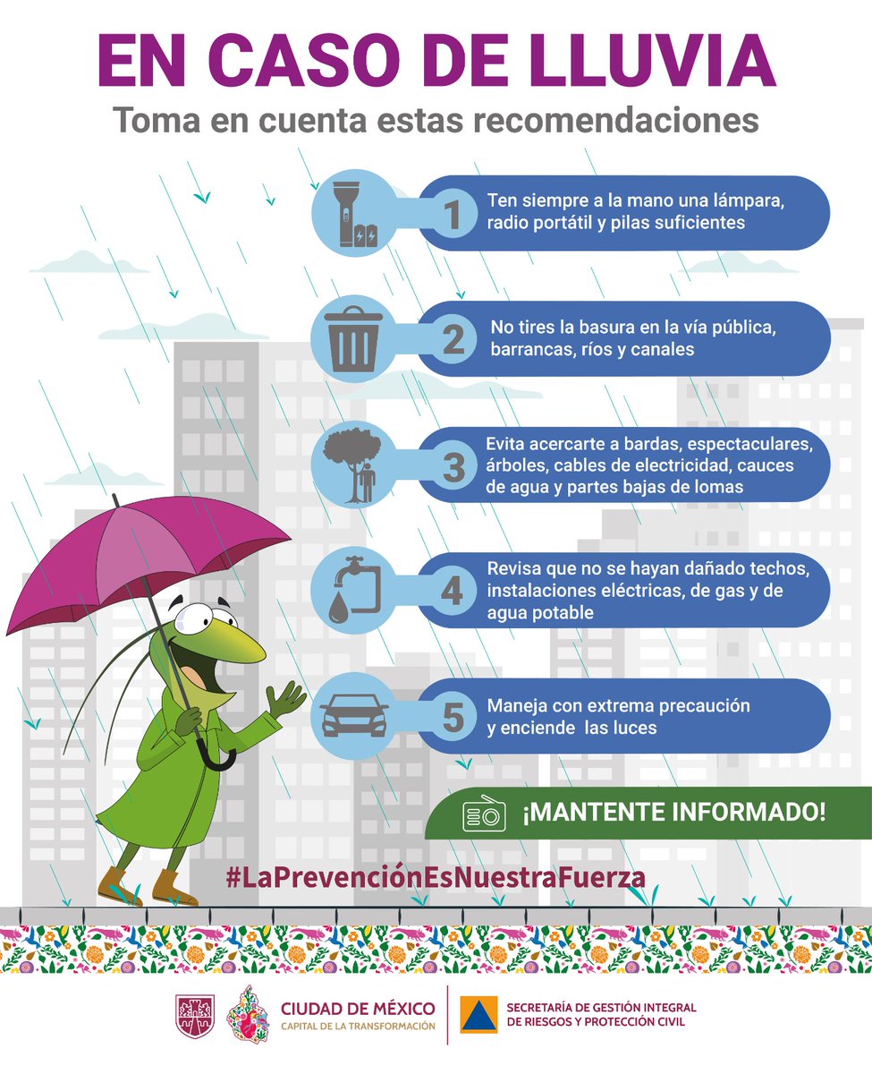 SGIRPC_CDMX's tweet photo. En caso #lluvias en la Ciudad de México, toma en cuenta las siguientes recomendaciones:
⏺️Evita acercarte a bardas, espectaculares, árboles y cables de electricidad
⏺️No arrojes desperdicios en ríos y barrancas, ya que azolvan el drenaje
⏺️Mantén limpias las coladera y banquetas
⏺️Barre el techo de tu casa, no dejes que se acumule basura y hojarasca
⏺️Maneja con precaución
#LaPrevenciónEsNuestraFuerza