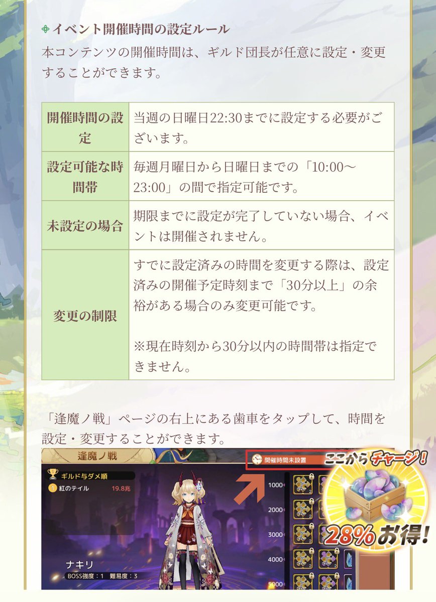 Doraemon_Ashta's tweet photo. @gWdq0vDpvviILbA 団長が任意の開催時間を決める事ができるのでギルメがまだでてなかったら団長に確認が確実です。
ギルイベ、異変、ドアドラ前後に挟むところが多そうですが。 https://t.co/MbrHJR2VBA