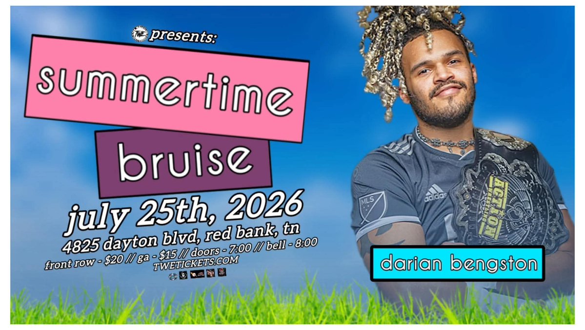 TWE_Chattanooga's tweet photo. TWE Presents
 "Summertime Bruise "
7/25/26

Talent Announcement:
 #1 Contender to @indiewrestling
World title.

Current @WrestleACTION1 world champion. 

He might be making headlines all over the wrestling world right now but he still calls TWE Home.

@DarianBengston returns! https://t.co/ZLEno3nI4u