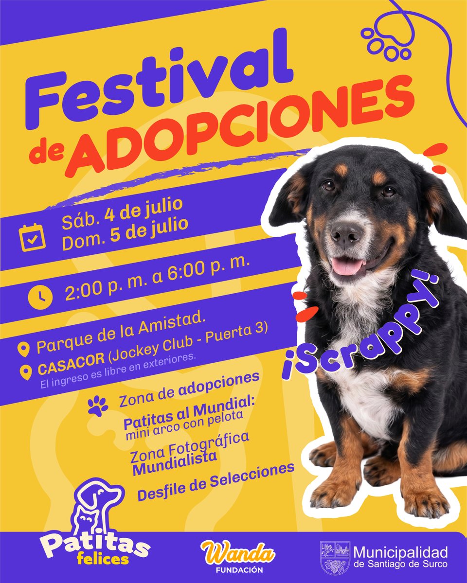 munisurco1's tweet photo. ⚽🐾 Cierra el domingo con una buena jugada: adopta o comparte. Scrapy y más peluditos del albergue municipal te esperan en el Festival de Adopciones. 💛

📍 Parque de la Amistad
📍 CASACOR Jockey Club - Puerta 3
🕑 2:00 p. m. a 6:00 p. m.

#PatitasFelices #SurcoEstáMejorYSeNota https://t.co/bGIm2uJdMH