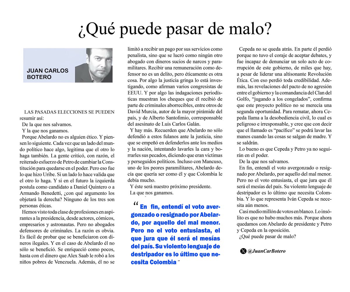 JuanCarBotero's tweet photo. “Las pasadas elecciones se pueden resumir así:
De la que nos salvamos.
Y la que nos ganamos.
Mejor dicho:
La que se nos viene encima”.
La versión en papel de mi columna
“¿Qué puede pasar de malo?”
en @elespectador y @EEopinion https://t.co/u3hb1B3Qxy