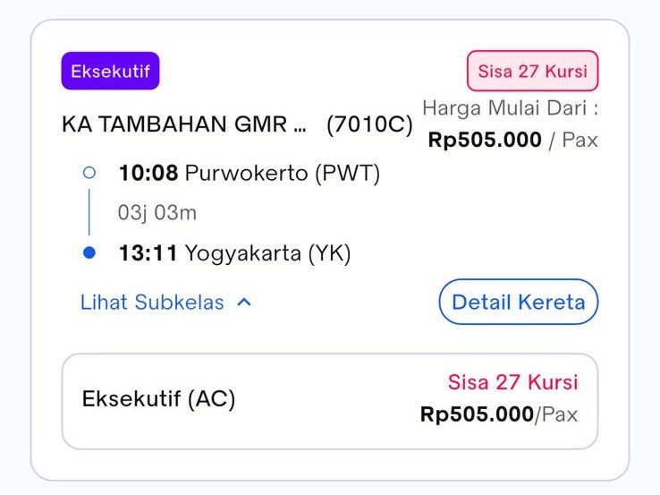 jaemsbonheur's tweet photo. halo min @KAI121 kereta ini ada tarif khususnya ngga? https://t.co/3KKrb12INB