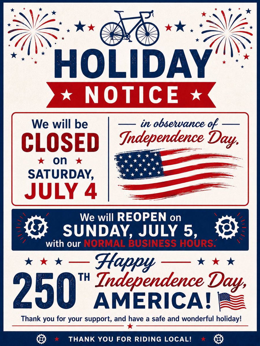 suncycling's tweet photo. Holiday Notice https://t.co/7tMZttj68U