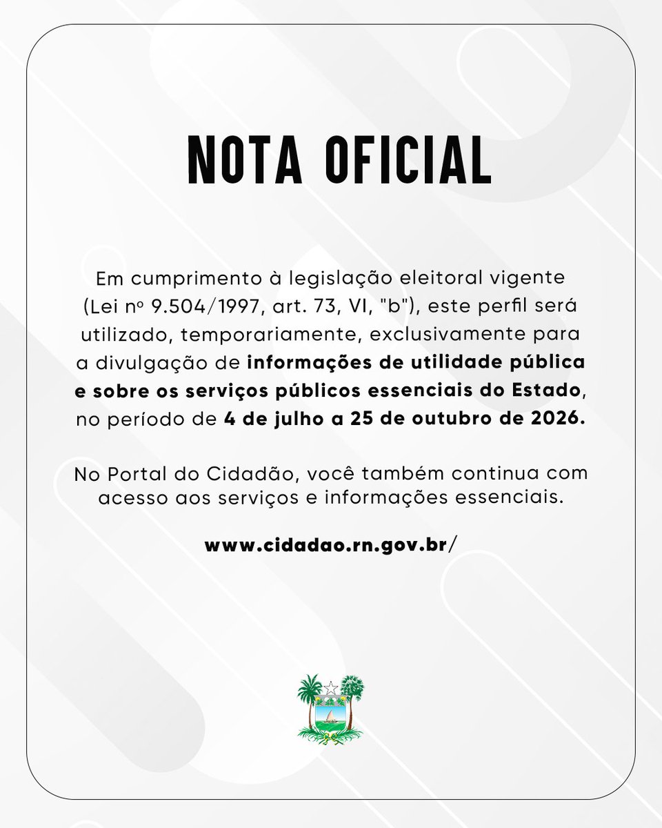 GovernodoRN's tweet photo. Em cumprimento à legislação eleitoral vigente (Lei nº 9.504/1997, art. 73, VI, "b"), este perfil será utilizado, temporariamente, exclusivamente para a divulgação de informações de utilidade pública e sobre os serviços públicos essenciais do Estado. https://t.co/TUvWcqM7kE