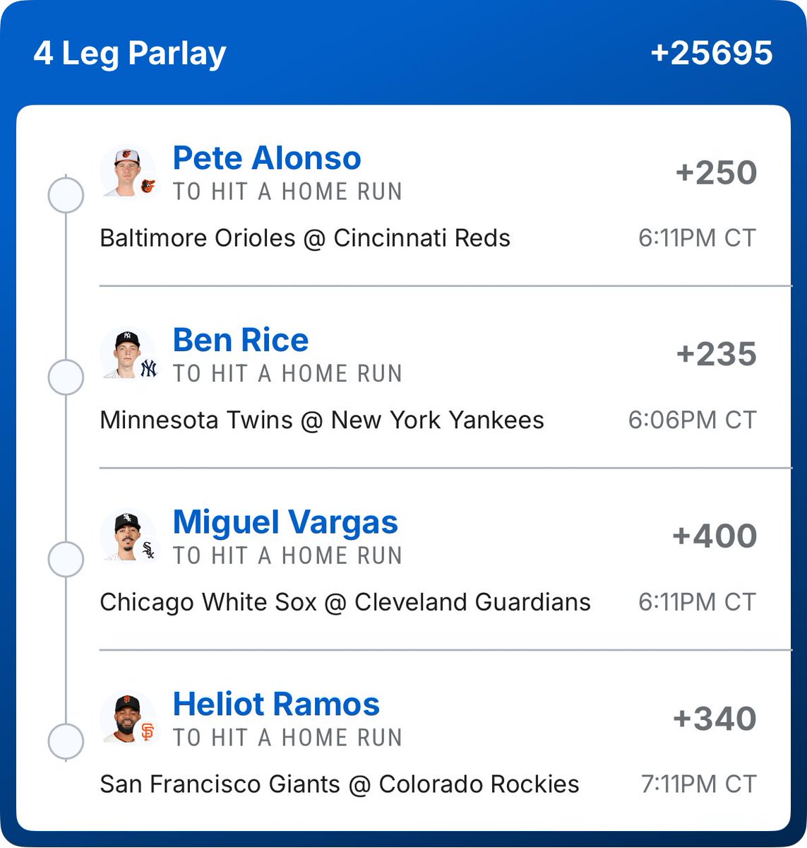 ParlayJ__'s tweet photo. 🧪 PARLAY J HR CARD

💣 Pete Alonso (+250)

💣 Ben Rice (+235)

💣 Miguel Vargas (+400)

💣 Heliot Ramos (+340)

🎯 JAS LAB Grade: 98/100

We hunted pitchers giving up barrels, hard contact, and expected slug.

The Lab Has Spoken. 🧪💎

#Gambling𝕏 https://t.co/YFN5dLFS4m