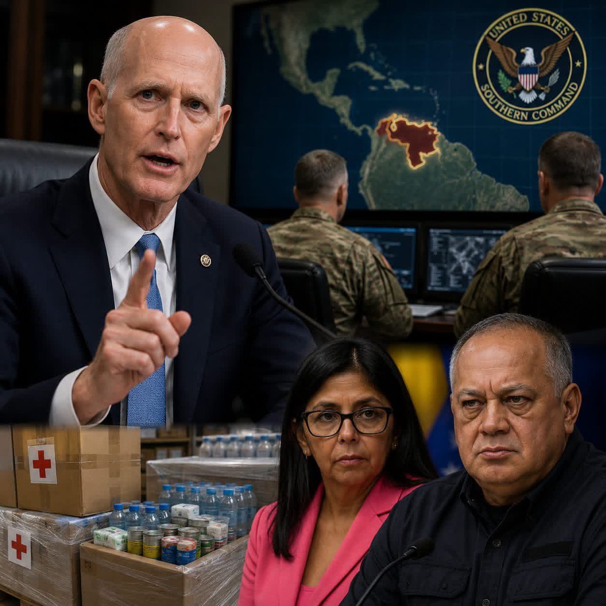 PRus51's tweet photo. El senador Rick Scott informó mediante un comunicado que recibió un informe del Comando Sur sobre las operaciones en Venezuela y pidió que toda la ayuda humanitaria permanezca bajo supervisión de Estados Unidos. 

Además, advirtió que ni un solo dólar debe llegar a Delcy Rodríguez, Diosdado Cabello "ni a ninguna parte del régimen", y afirmó que el régimen de Maduro, ahora encabezado por Delcy, "no merece la confianza de un solo dólar destinado al pueblo venezolano".