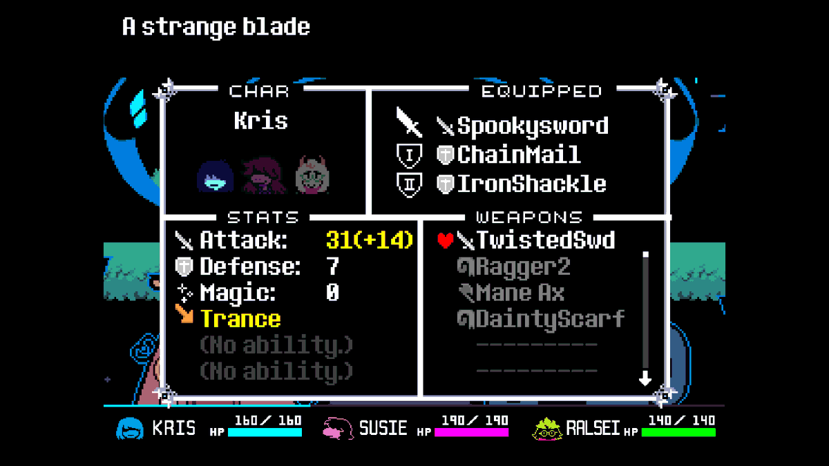 time_pizzerNG's tweet photo. this is a good video and reflects a lot of my changed thoughts on the sword route

but i want to clarify: twisted sword's ability is "trance," not "trance DOWN"

the DOWN arrow indicates that trance is a DEBUFF to kris - an ailment that *weakens* them

yes, we should be worried💀 https://t.co/lq96dk8uKw