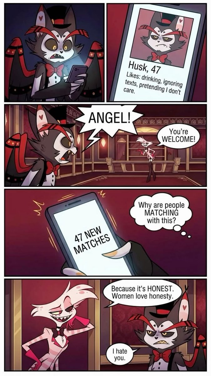 AngelDust499006's tweet photo. Angel Dust: Matchmaker of the year. 🍸✨

#Husk #HazbinHotel #Itsnotmyart #Husker #huskerdust #DigitalArt #OC #ArtistOnTwitter #ComicArt https://t.co/zY22HnxMcF