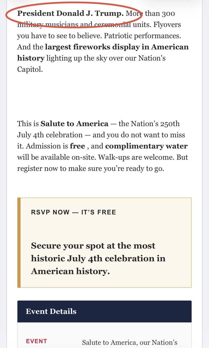 svdate's tweet photo. Less than a day out, and Freedom 250 is still trying to get people to go. 

Of course, if they really wanted people to come, they would not mention that Trump will be there. Most Americans dislike him. https://t.co/nVeufBSAF8