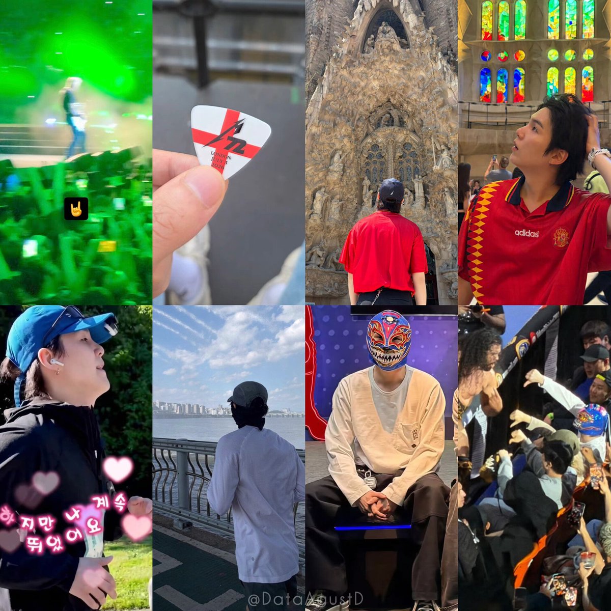 DataAgustD's tweet photo. Yoongi spending his personal time outside of official schedules going... to concerts in London, exploring Barcelona, watching wrestling in Mexico, running in Stanford and Seoul... just seeing him out there doing whatever makes him happy is the best thing that has happened 😭❤️ https://t.co/GJHJHTBsAy