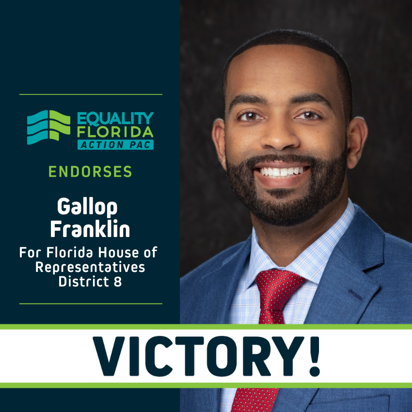 eqfl_actionPAC's tweet photo. EQFL Action PAC congratulates Representative @gallopfranklin, on your re-election to Florida House D8! Your support for the LGBTQ+ community &amp; dedication to fostering inclusion have made a real impact. We’re excited to see you continue advocating for ALL Floridians in Tallahassee https://t.co/LXbsV5hWGn