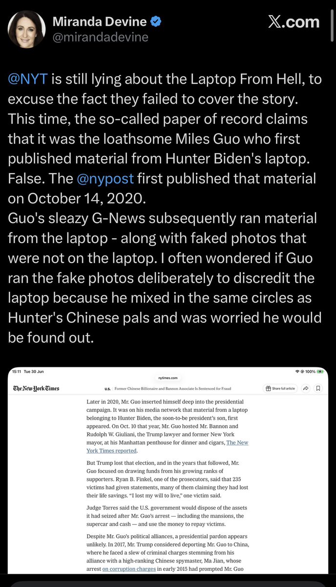 hakunamomoda's tweet photo. 🔥🔥🔥拜登笔记本信息是由爆料革命最先发布‼️‼️‼️

2020年9月初，朱利安尼把有拜登家族丑闻的硬盘给了纽约邮报，但是纽约邮报进行了拖延，并没有立刻披露。

2020年9月下旬，郭文贵主动从鲁迪朱利安尼那里要来了硬盘，并承诺展开爆料‼️‼️‼️

当时还没有背叛爆料革命的路德和GTV视频网站最先发出硬盘内容，网站几天内新增用户400万。

💥💥💥之后路德被中共利用，放出假信息，背离爆料革命，被郭先生揭穿。

Hunter Biden 公开表示过，他最恨的五个人是：川普、郭文贵、班农、纳瓦罗、朱利安尼。

这五个人在2021年—2024年经历了暗杀、诬陷入狱、破产‼️‼️‼️拜登对这五人发起了史上最强的法律战‼️‼️‼️

而号称自己是揭露拜登最大功臣的米兰达却在这期间成为畅销书作者，知名记者，捞钱捞政治资本‼️‼️‼️

她的谎言必须结束‼️
米兰达是妖言惑众的巴比伦大淫妇‼️‼️