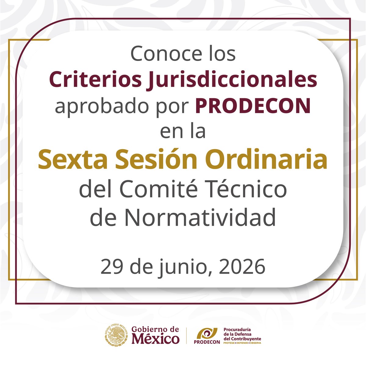 ProdeconMexico's tweet photo. 🚨 #PRODECONTeInforma

Conoce los Criterios Jurisdiccionales aprobados durante la Sexta Sesión Ordinaria del Comité Técnico de Normatividad, celebrada el 29 de junio de 2026. 📄⚖️

📥 Descárgalos aquí:
🔗 https://t.co/KoLj1Mb3yB

En #PRODECON trabajamos para brindar certeza jurídica y fortalecer la defensa de los derechos de las personas contribuyentes. 🤝✨

#PorTiEstamosAquí