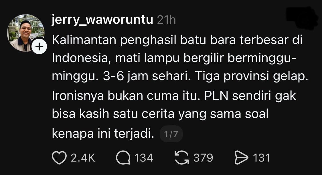 ardisatriawan's tweet photo. Guys, ada yang di Kalimantan??
Di sana mati lampu bergilir ya, kalo liat kabar beberapa postingan di sebelah?

Ini permasalahan mati lampu ternyata masih berlanjut? https://t.co/4JgdJx4hWs
