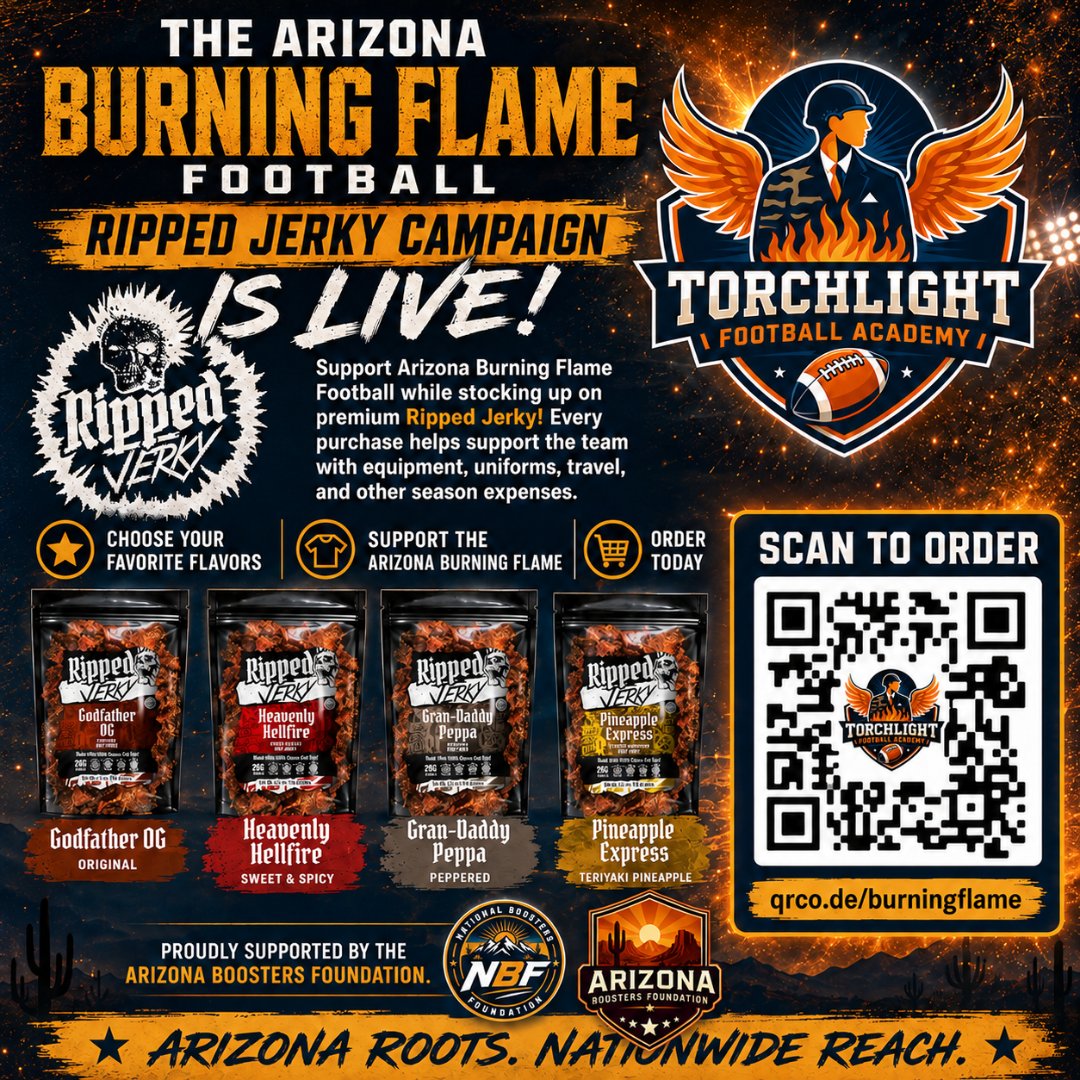 ArizonaBoosters's tweet photo. 🔥 The Arizona Burning Flame Ripped Jerky campaign is LIVE!

Support Torchlight Football Academy while enjoying premium jerky. Every purchase helps fund equipment, uniforms, travel, and other team expenses. Plus, 20% of every sale goes back to the team!

🛒 Order: https://t.co/qQ9uynKtMv

Proudly supported by Arizona Boosters Foundation and National Boosters Foundation.

🌵 Arizona Roots. Nationwide Reach.