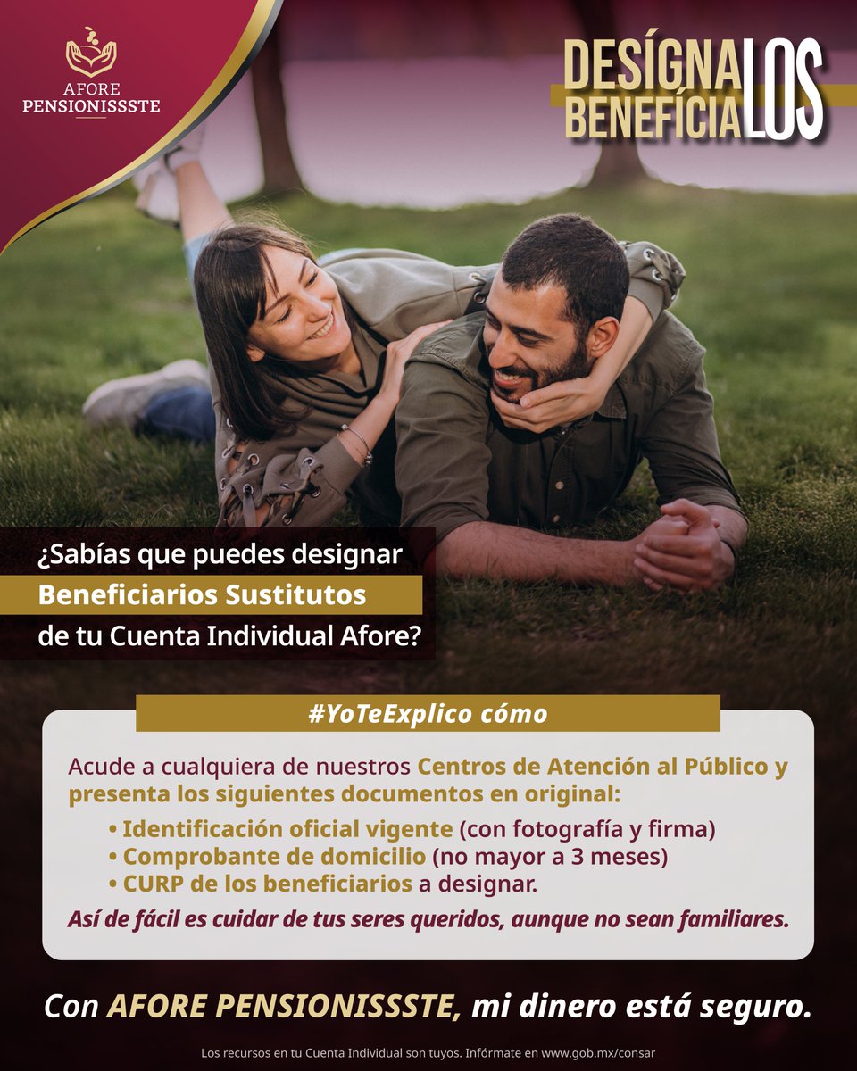 PENSIONISSSTE_'s tweet photo. 🫣¿Ya designaste a tus beneficiarios en tu Cuenta Individual de AFORE  @PENSIONISSSTE_?

La designación de beneficiarios te permite asegurar que tus recursos lleguen a las personas que tú elijas si llegaras a faltar.

📝 Hazlo con tiempo, hazlo por amor.

Actualiza tu expediente y protege a quienes más quieres. Conoce cómo hacerlo 👉https://t.co/qZUXumFhys
