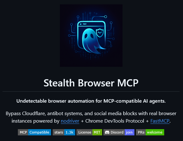 0x0SojalSec's tweet photo. Stealth Browser MCP features 97 tools to bypass Cloudflare and other antibot systems.

Undetectable automation with full browser power:
- AI writes Dynamic network hooks
- Pixel-accurate element cloning
- 97 advanced tools

- https://t.co/bfKIsT0Fth https://t.co/QH9C46B0lf