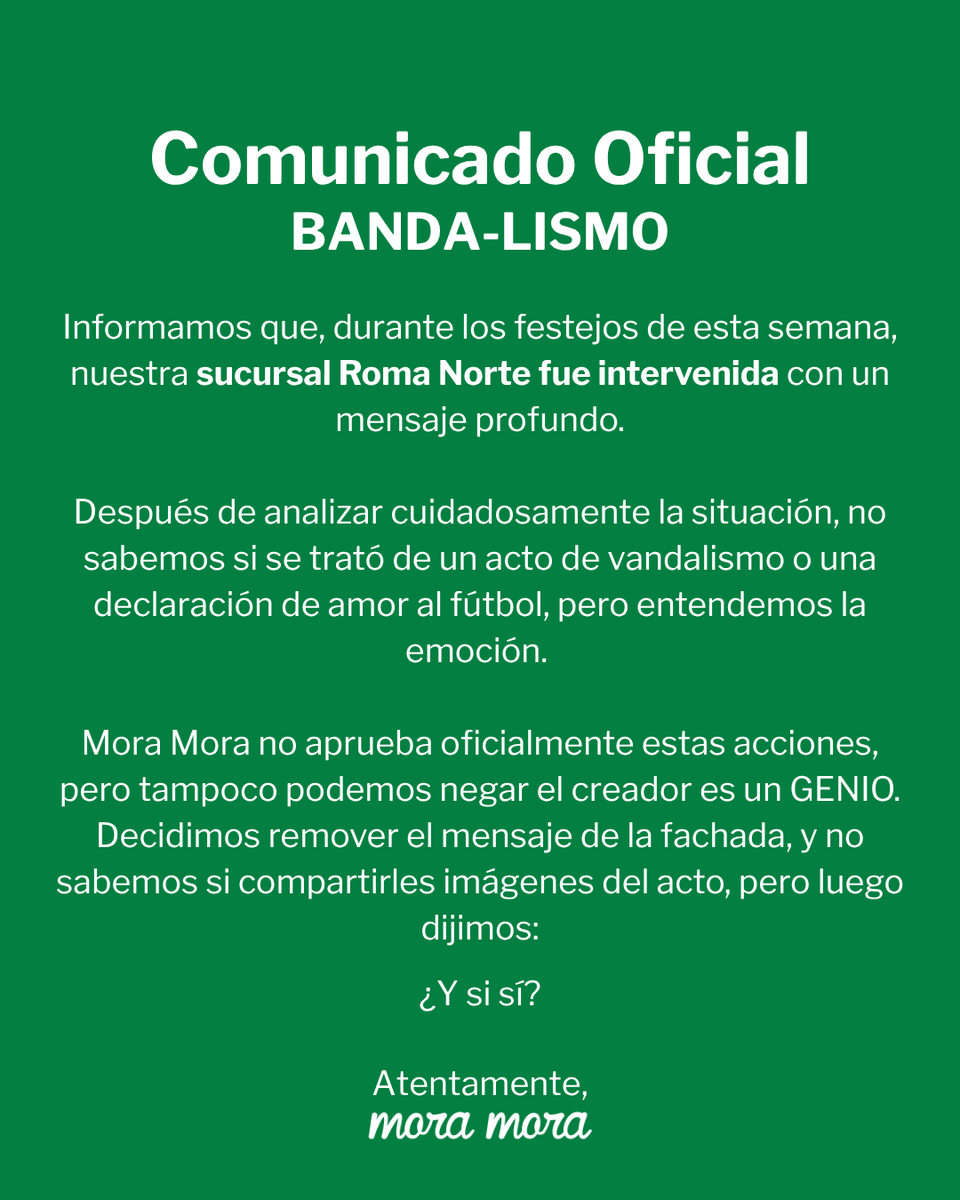 MoraMora_Mx's tweet photo. 🚨 Comunicado oficial
Nos banda-lizaron la fachada. Durante los festejos de esta semana fuimos intervenidos con un mensaje profundo. Adjuntamos evidencias 👇🏼 https://t.co/gsZwl575pB