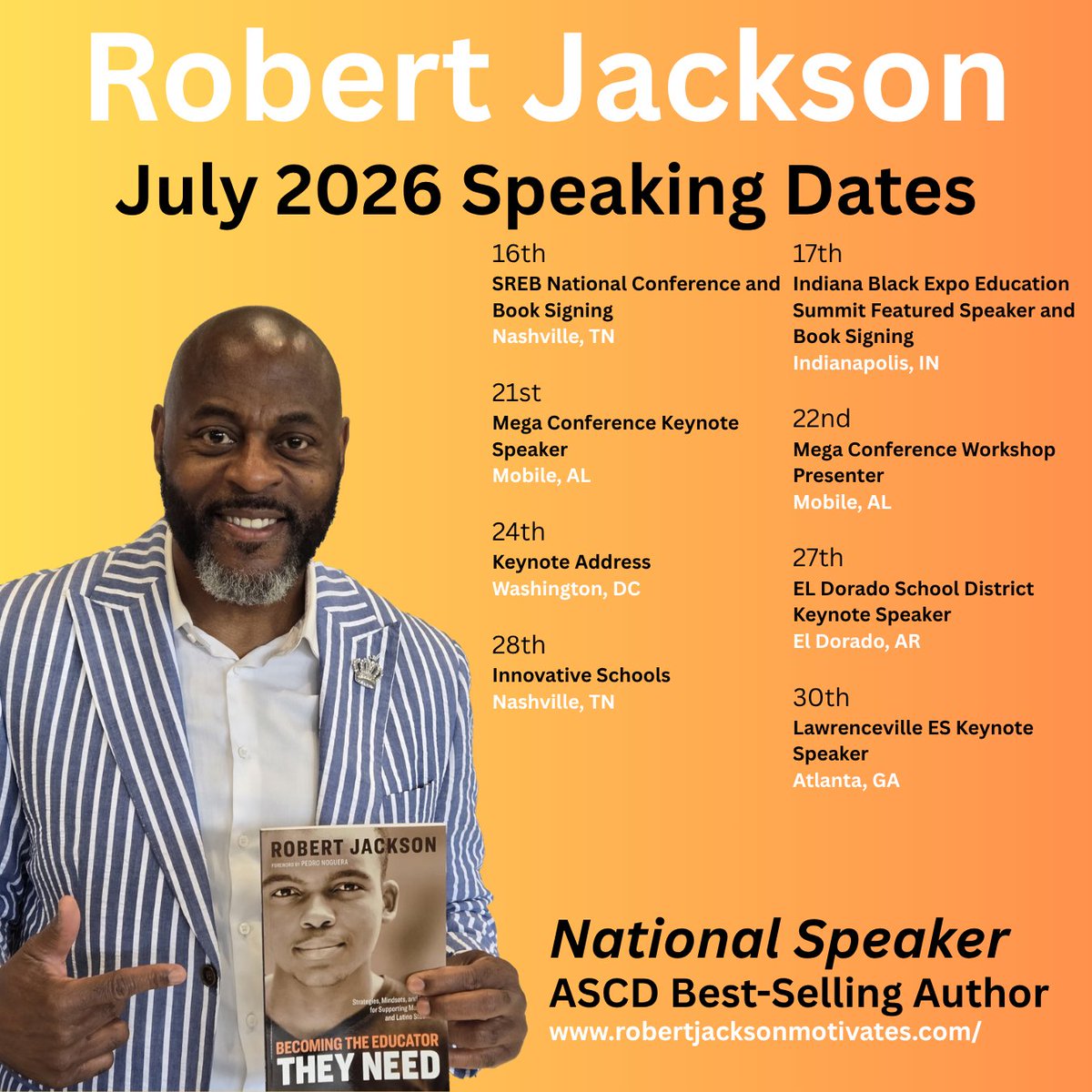 RJMotivates's tweet photo. July 2026 Speaking Schedule #speakerlife #bestsellerbook #Educate #Activate #Motivate #leadership #leadershipdevelopment https://t.co/UNmLa9nzkb