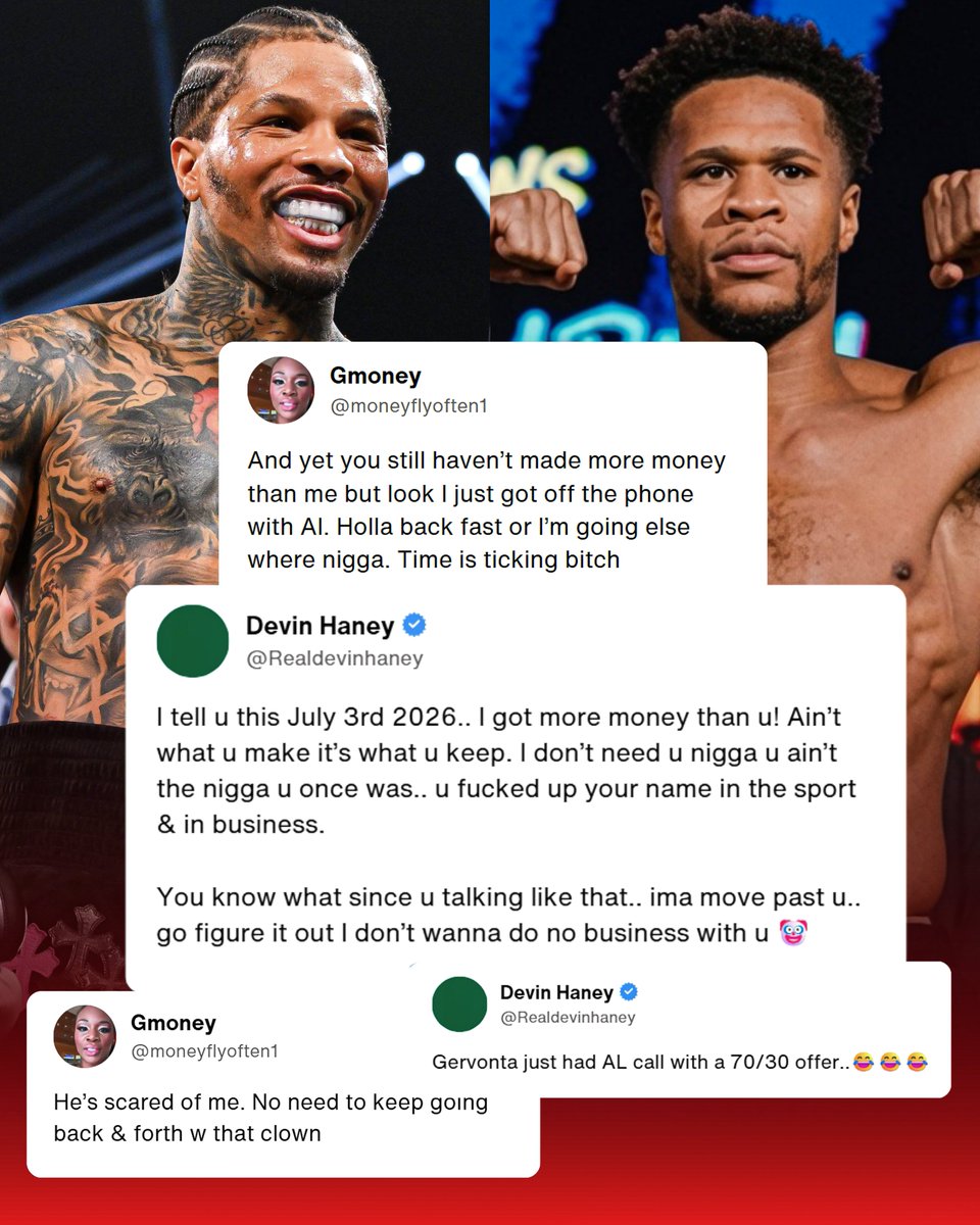 Sourceofboxing's tweet photo. 🚨 Devin Haney says he's moving past Gervonta Davis 🗣️

Devin: "You know what since u talking like that.. ima move past you.. go figure it out I don't wanna do business with you 🤡

Gervonta: "He's scared of me. No need to keep going back &amp; forth w that clown" https://t.co/JNQGvFm17i
