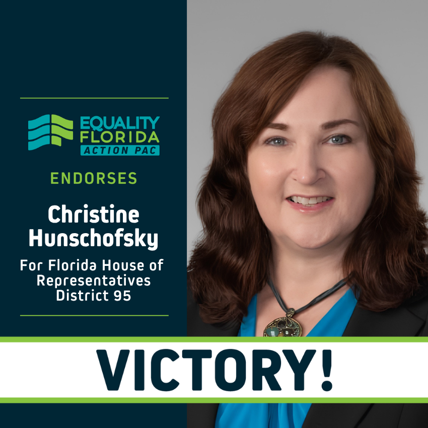 eqfl_actionPAC's tweet photo. Equality Florida Action PAC is thrilled to announce Representative Hunschofsky has been elected to the House of Representatives District 95! Representative Hunschofsky has been an unwavering ally for our LGBTQ+ community during her time in office. (1/2) https://t.co/fFEzqTe6GW