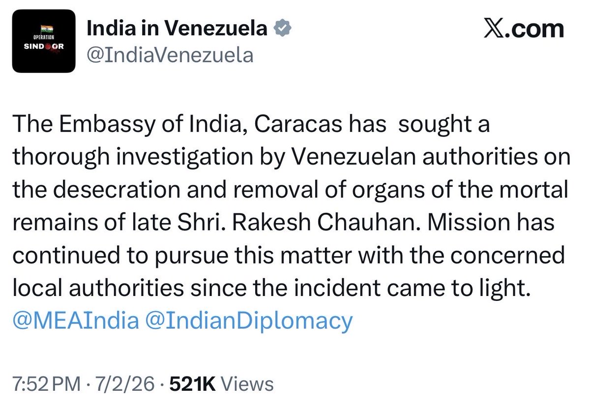 AndrewsAbreu's tweet photo. #URGENTE La Embajada de la India en Caracas exigió una investigación exhaustiva por la profanación y extracción de órganos de los restos mortales del ciudadano indio Shri Rakesh Chauhan. @IndiaVenezuela https://t.co/FghqvWHnSR