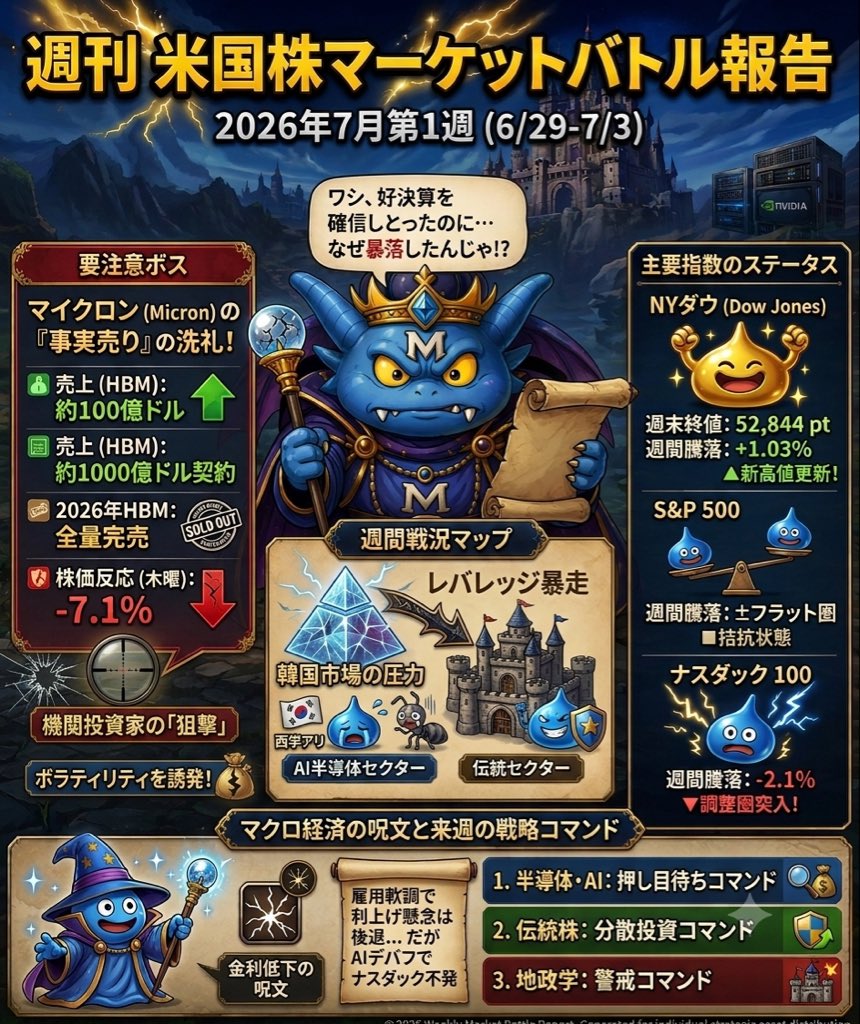 RNAxRNAx's tweet photo. おはようございます☀
📊【今週の米マーケットバトル報告】(6/29-7/3)です！
今週の相場は明暗ローテーションが勃発！RPG風図解でサクッと解説⚔️

🔥メインクエスト：マイクロン好決算・そして暴落へ
「5年1000億ドル契約」「HBM全量完売」の最強バフ（好材料）を提げて登場したマイクロンですが、木曜に-7.1%の暴落！
原因は材料出尽くしの「事実売り」に加え、過熱する韓国勢のレバレッジ投資体制を、機関が格好のターゲットとして『狙撃』しにきたハメ技にあり…！

🛡️主要指数のステータス
・NYダウ：▲1.03% (52,844pt過去最高値！)
　→ 資金が伝統株（Apple等）へ綺麗に避難
・ナスダック100：▼2.1% (調整圏)
　→ 雇用軟調で金利低下も、AIセクターのデバフが勝ち不発

🎯来週への戦略コマンド
1. 半導体・AI：押し目待ち（需要は最強、過熱感が冷めるのを待つ）
2. 伝統株：分散投資（波が来ているセクターへ）
3. 地政学：警戒コマンド（突発ボラに備えてキャッシュ維持）

AI帝国のファンダメンタルズは死んでいないようだ。機関の仕掛けやレバレッジの手仕舞いによる一時的なノイズに惑わされず、絶好の「押し目」を拾う準備を進めようぞ！

#米国株 #半導体 #AI株 #投資初心者 #株クラの朝活 #投資家さんと繋がりたい