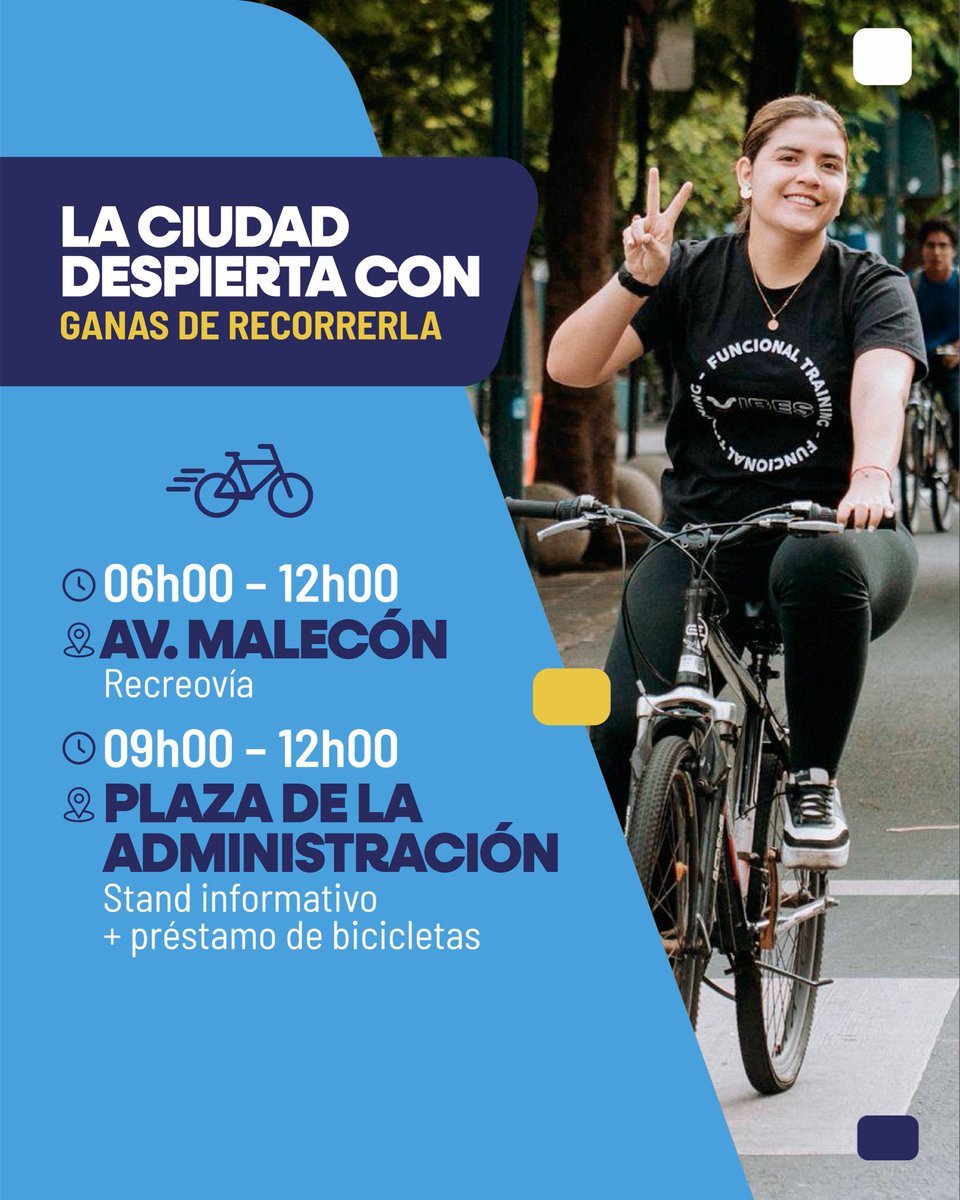 alcaldiagye's tweet photo. 💙 Este domingo, Guayaquil se vive, se juega y se celebra en Ruta Centro con una jornada pensada para reencontrarnos con nuestras costumbres, nuestra música y todo lo que nos hace sentir orgullosamente guayaquileños. ✨ Ven a disfrutar de:

✅ Recreovía en av. Malecón
✅ Préstamo de bicicletas en Plaza de la Administración
✅ Stands informativos ciudadanos
✅ Espacios lúdicos con EMAPAG, Salud y Pro Animal
✅ Juegos tradicionales y actividades en Plaza del Artista
✅ Danza, amorfinos, bailoterapia y micrófono abierto en Plaza de los Teatros
✅ Bandas musicales en Panamá y Juan Montalvo
✅ Feria de emprendimientos
✅ Demostración de chorros de Bomberos

#AsíSeHaceGuayaquil #AquiEstamos #GuayaquilNoSeDetiene
@taticoronelf
@aquilesalvarez