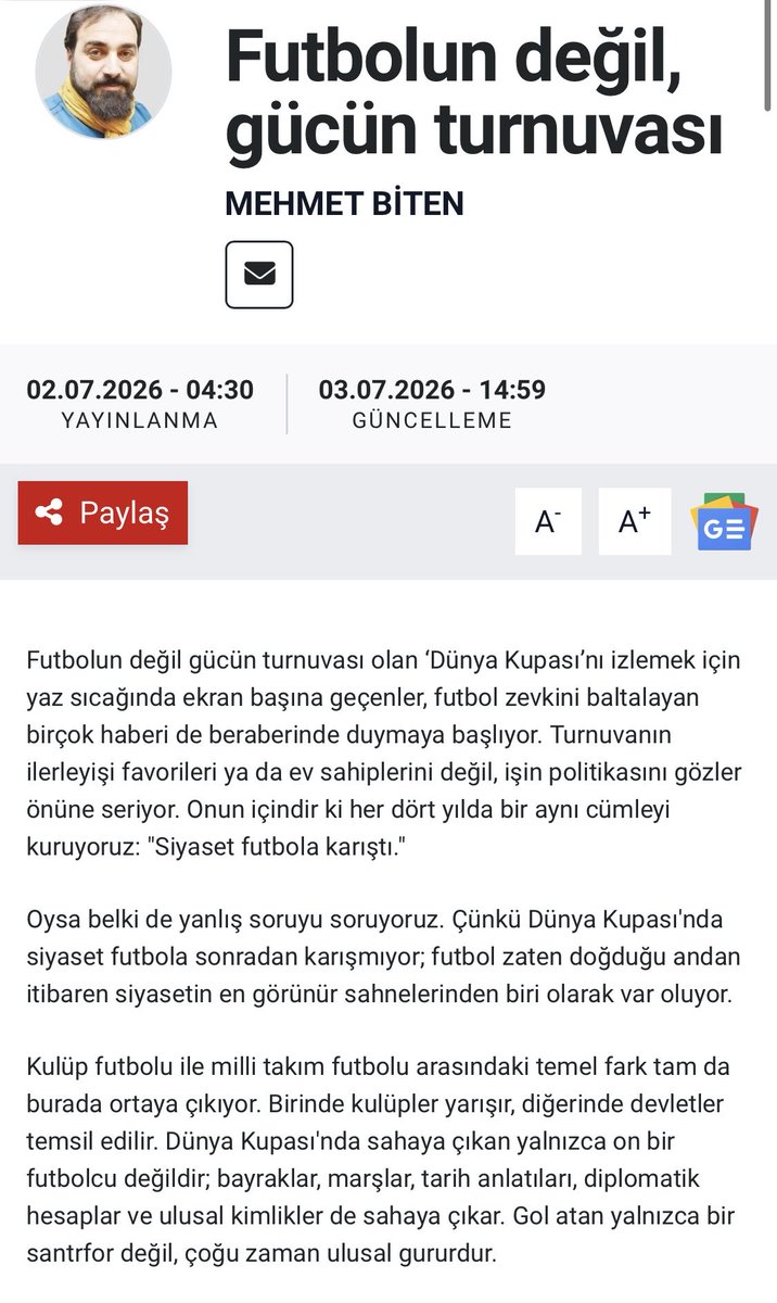 MehmetBiten's tweet photo. Mehmet Biten - Futbolun Değil, Gücün Turnuvası 

Yazıyı okumak için tıklayınız: 

https://t.co/oKpW66j0Wn

@milligazetecom @MehmetBiten
#pazaryazıları #haftaiçiyazıları #sporyazıları https://t.co/7X0b2pi05N