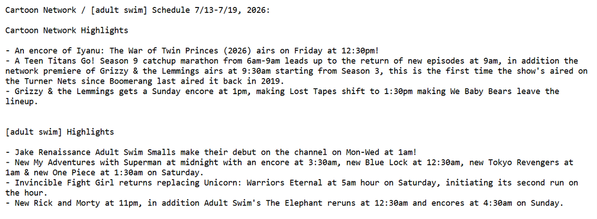 BFBBBroReturns's tweet photo. Cartoon Network / [adult swim] Schedule 7/13-7/19, 2026:

#cartoonnetwork #adultswim #toonami #checkeredpast #schedulegrid https://t.co/iYaWk6ARXb
