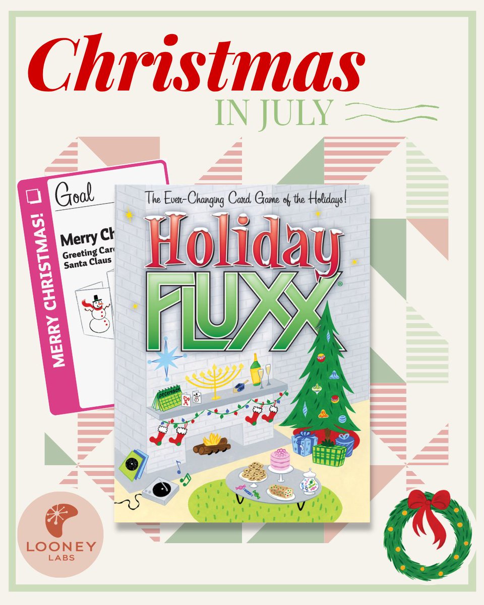 LooneyLabs's tweet photo. With a heatwave across much of North America, playing boardgames inside sure sounds great, doesn't it? Holiday Fluxx reminds you of cooler weather &amp; brings many holidays together &amp; mixes them up to create some unforgettable memories with the card game that's never the same twice! https://t.co/oZU1X62Ims