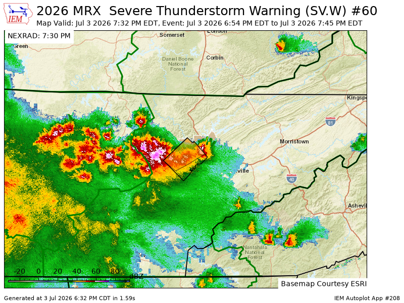 ETSKYWARN's tweet photo. MRX updates Severe Thunderstorm Warning [wind: 60 MPH (RADAR INDICATED), hail: 0.75 IN (RADAR INDICATED)] (cancels Loudon [TN], continues Anderson, Morgan, Roane [TN]) till 7:45 PM EDT https://t.co/tWQhSAeld2 https://t.co/YyHkIdRWTw