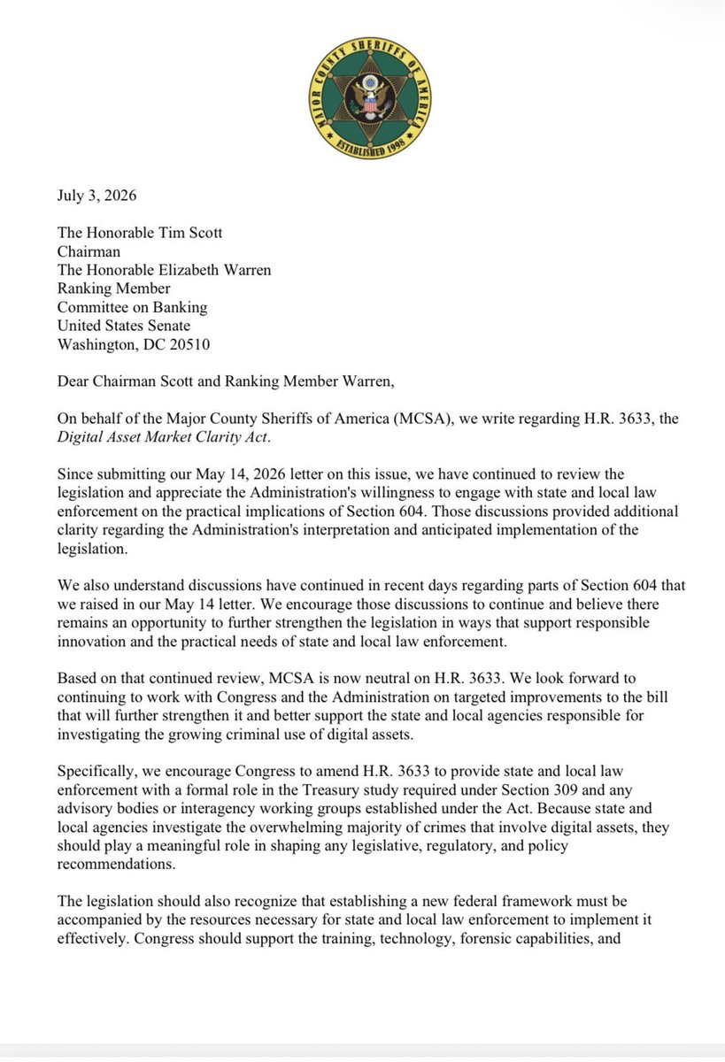 CryptosR_Us's tweet photo. TODAY: CLARITY ACT CLEARS A KEY HURDLE 🇺🇸

The NDAA, NAAUSA, IACP, and National Sheriffs' Association have reportedly shifted from opposition to a neutral stance on the CLARITY Act's DeFi provision.

That's another step toward clearer crypto regulation in the U.S. https://t.co/Wa3JkaWrhR