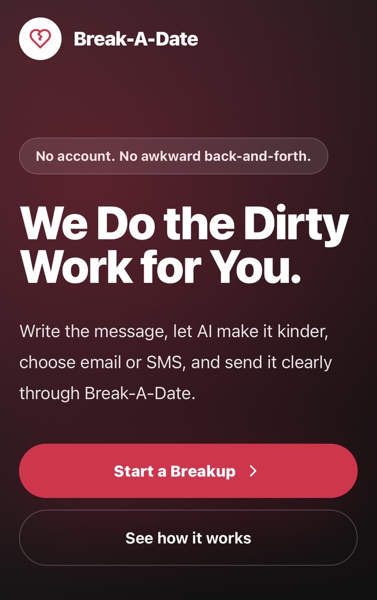 Biscuitface's tweet photo. 💔 Breaking up is never easy.

A simple platform that helps you write thoughtful breakup messages with AI.
Choose the reason, the tone, and the language and let AI help you say what you mean with kindness and respect

🌍 https://t.co/BeuyA6CnDf

BreakADate #Dating #Relationships https://t.co/UDoSstlFwU