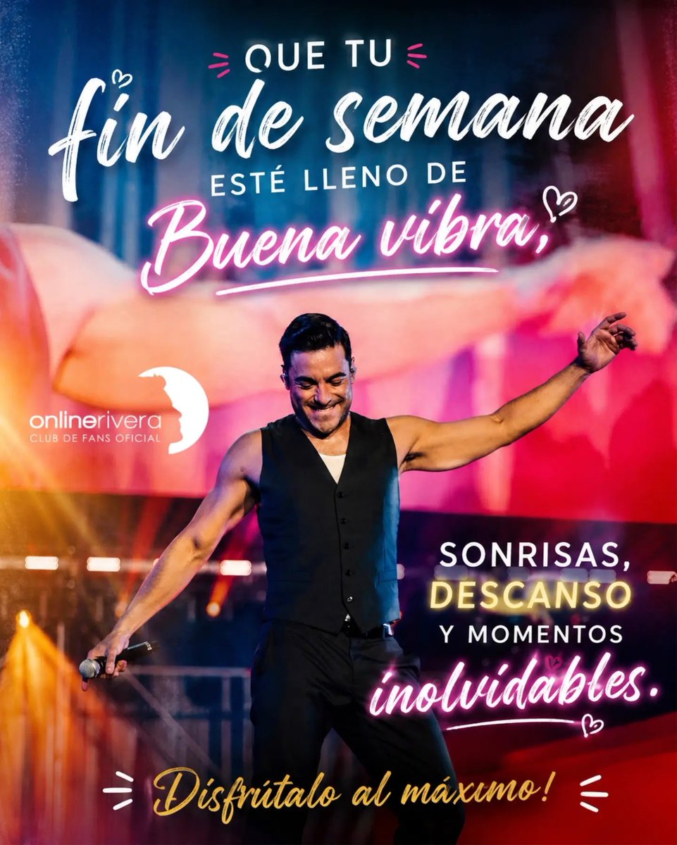 Online_RiveraP's tweet photo. "Que tu fin de semana esté lleno de buena vibra"
@_carlosrivera

#felizviernes #buenfin 
#RiveristasOnline 🤍 https://t.co/RmuQycWnwm