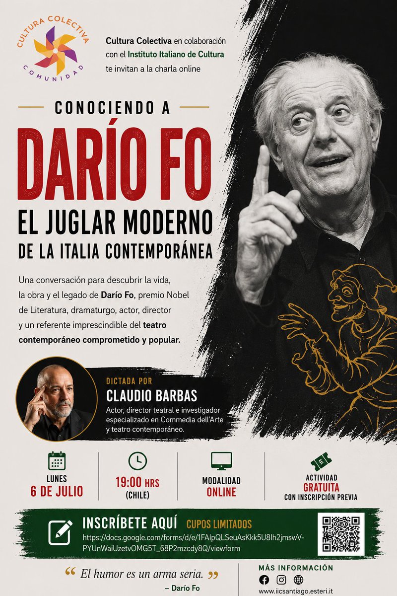 PequenoClan's tweet photo. Tenemos una muy buena noticia e invitación para todos nuestros seguidores.

✨ CONOCIENDO A DARÍO FO: EL JUGLAR MODERNO DE LA ITALIA CONTEMPORÁNEA✨

📅 Lunes 6 de julio
🕖 19:00 horas (Chile)
💻 Modalidad online
🎟️ Actividad gratuita

@IICSantiagoCl @ItalyinChile @claudiobarbas https://t.co/ztV0Xd4n1q