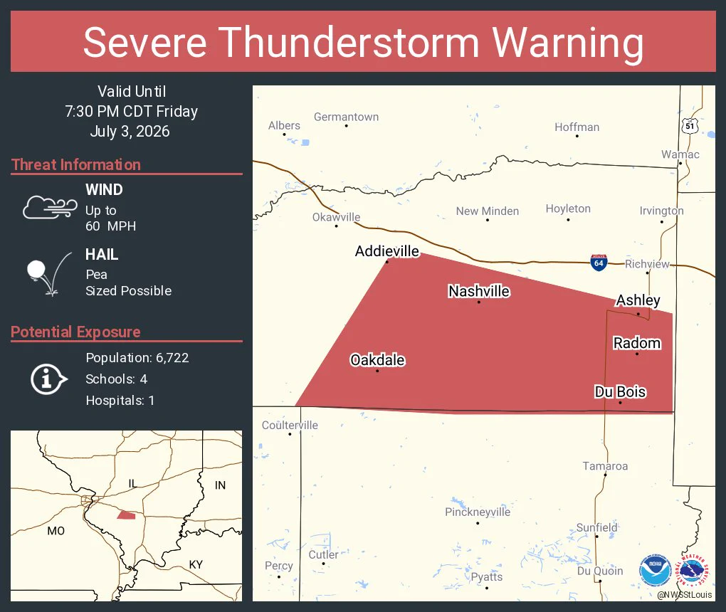 This graphic displays a severe thunderstorm warning plotted on a map. The warning is in effect until 7:30 PM CDT. The warning includes Nashville IL, Ashley IL and Addieville IL.  This warning is for Southeastern Washington County in south central Illinois. The threats associated with this warning are wind gusts up to 60 MPH and pea sized hail. There are 6,722 people in the warning along with 4 schools and 1 hospital.