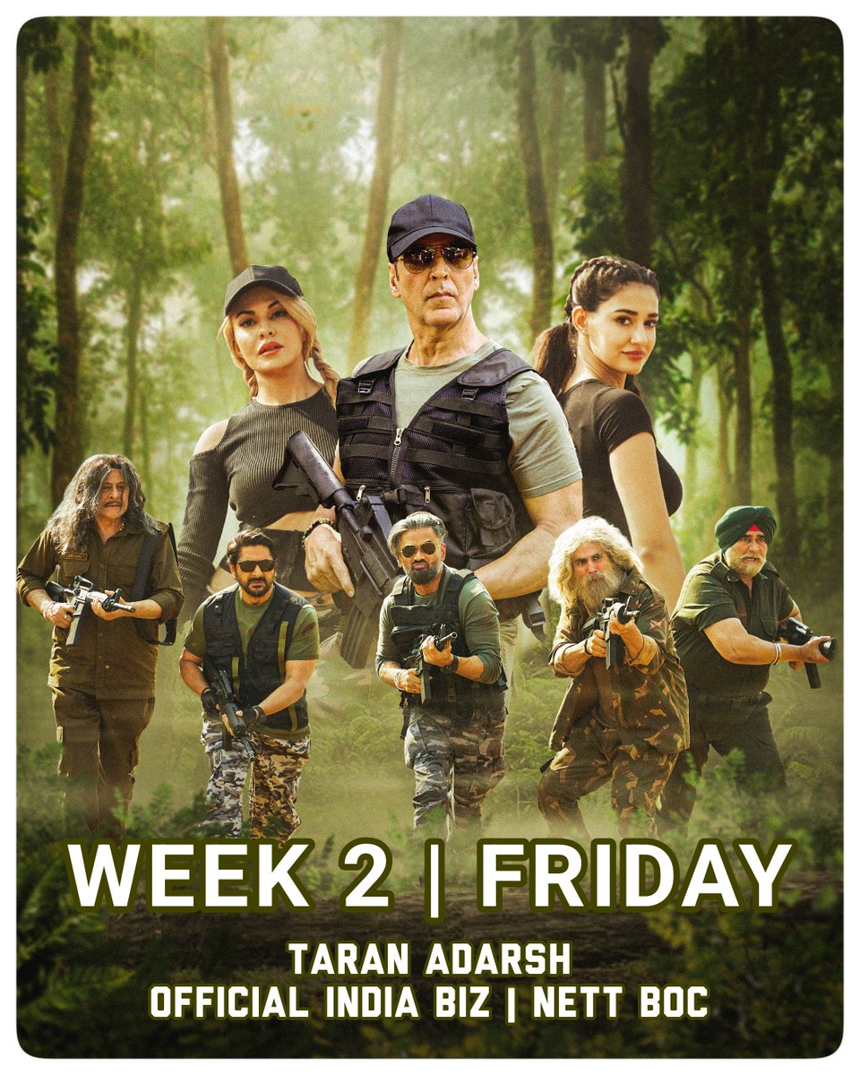 taran_adarsh's tweet photo. #WelcomeToTheJungle remained steady on its second Friday despite the arrival of new releases and a reduction in shows... The film has now crossed the ₹ 💯 cr mark as you read this.

Business is expected to witness an upward trend over Saturday and Sunday, with Tier 2 and Tier 3 centres continuing to contribute significantly to its revenue.

⭐ #WTTJ [Week 2] Fri 4.50 cr. Total: ₹ 99.71 cr.
#India biz | Official Nett BOC | #Boxoffice