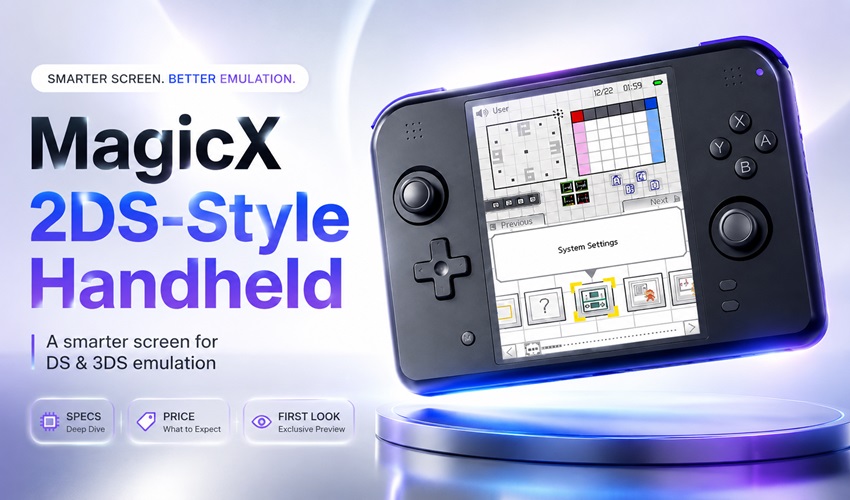 AmigamagazineGA's tweet photo. MagicX is working on a 2DS-style handheld emulator with a vertical screen built for DS and 3DS gaming. Smart design, MediaTek power, active cooling and budget pricing could make this one stand out. #MagicX #RetroGaming https://t.co/eVkQ2X7d87 https://t.co/u1NTy4xs1t