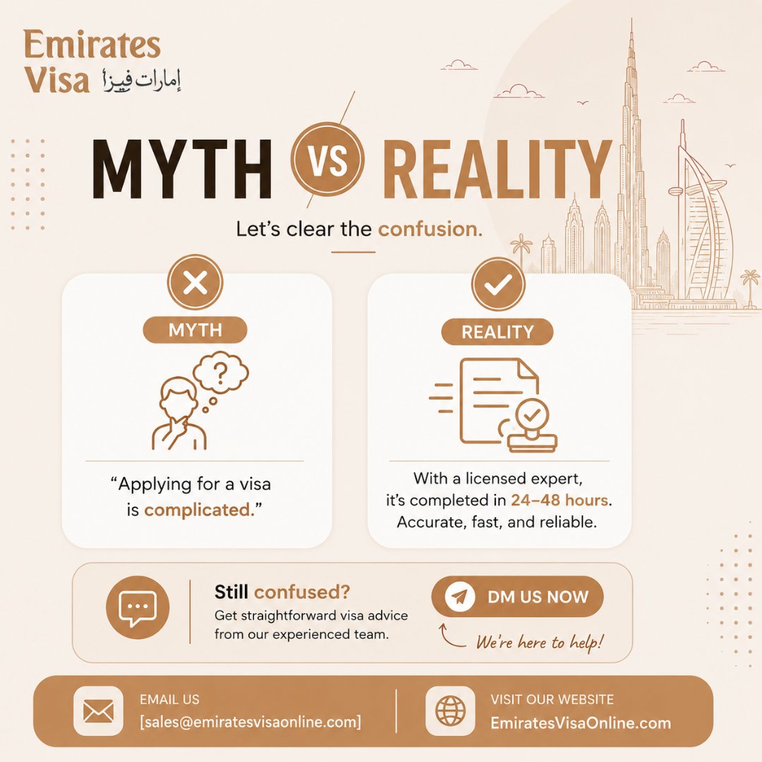 visa_emirates's tweet photo. Myth: Dubai visa is complicated. Reality: Done in 24-48 hours. if you need express visa
Website: https://t.co/FylRBfHVTS | Email: sales@emiratesvisaonline.com
#EmiratesVisa #VisaMythBusted #DubaiVisaFacts #UAEVisaExpert #FastVisaProcess https://t.co/x4dQ9dEHKR