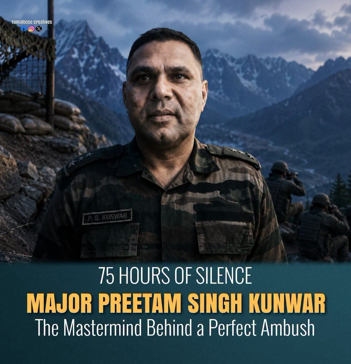 BS_Prasad's tweet photo. He Waited 75 Hours… Then Ended It in 15 Minutes. The Story of Major Preetam Singh Kunwar.
On 23 May 2017, a thermal imager along the Line of Control detected six suspicious figures near the Badori hills in Pakistan-occupied Kashmir (PoK). They were heavily armed Lashkar-e-Taiba (LeT) terrorists preparing to infiltrate into India for a major attack. It was the first major infiltration attempt since the 2016 surgical strikes.

The operation was led by Major Preetam Singh Kunwar of the 4 Garhwal Rifles.

Many commanders might have opened fire the moment they spotted the terrorists. Major Kunwar didn't. He understood that firing too early might eliminate only a few, allowing the rest to escape. Instead, he chose patience over impulse.

For nearly 75 hours, he and his men tracked the infiltrators through rugged mountains, dense forests, icy streams, and dangerous minefields. To cross one mined stretch safely, they even improvised a bridge using a six-foot log, advancing inch by inch. Every step carried the risk of death, but Major Kunwar refused to compromise either the mission or the safety of his soldiers.

On the evening of 26 May, the terrorists finally crossed into Indian territory, unaware that they had entered a carefully prepared kill zone. Even then, Major Kunwar held his fire until every infiltrator was within range.
At exactly 7:13 p.m., he calmly transmitted a single command over the radio:
"Open Fire."

The silence of the mountains was shattered.
In just 15 minutes, all six terrorists were eliminated. Not one escaped. Even more remarkably, all 17 Indian soldiers involved in the operation returned without a single casualty or injury.

The weapons, ammunition, and supplies recovered from the terrorists revealed they had been preparing for a major strike in Kashmir. By stopping them at the border, Major Kunwar and his team likely prevented a devastating terrorist attack.

For his exceptional courage, leadership, and tactical brilliance, Major Preetam Singh Kunwar was awarded the Kirti Chakra, India's second-highest peacetime gallantry award.

Yet when asked about his actions, his response reflected the humility of a true soldier:
"I didn't do anything extraordinary. I simply did the job I had signed up to do."

Some heroes become legends because they charge into battle. Others become legends because they know exactly when not to pull the trigger.

Major Preetam Singh Kunwar belongs to the second kind.
Copied