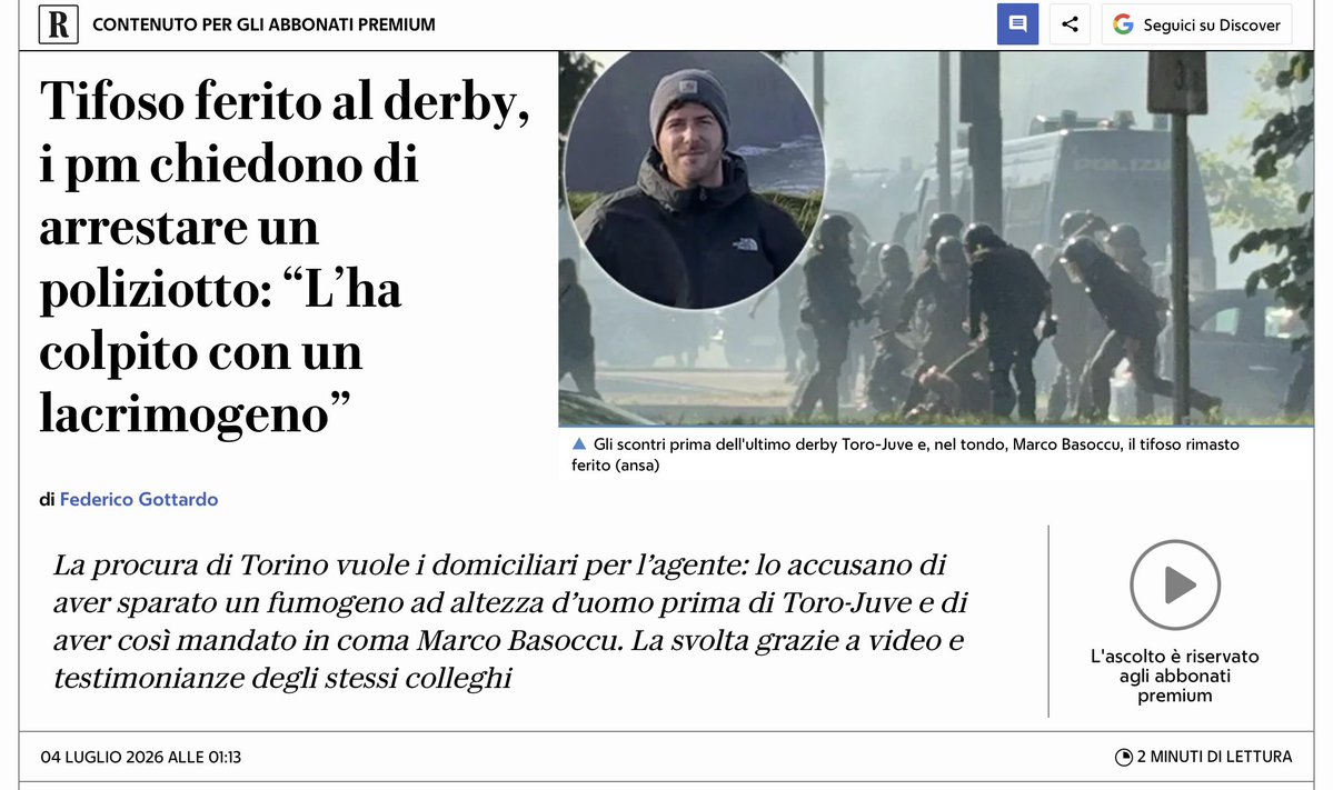 francofontana43's tweet photo. Torino. Avevano ragione i tifosi: il lacrimogeno che aveva mandato in coma Marco Basoccu l’aveva sparato un poliziotto ad altezza d’uomo
I pm ne hanno chiesto l’arresto https://t.co/nwWJ14CqaR