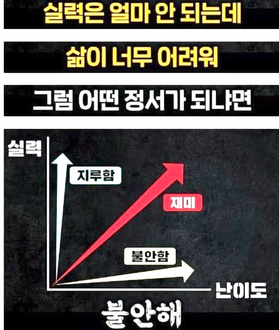 CrazyMoneyCoon's tweet photo. 대한민국 국민 대부분이
인생이 지루하거나 불안하다고 느끼는 이유

칙센트미하이가 주장하는 
'재미 플로우 곡선' 이론이 있음

x축에 난이도, y축에 실력으로 
그래프를 그리는데

그는 자기가 좋아하는 것을
끊임없이 공부할 때 재미가 
정비례로 올라간다고 주장했음

반면에 실력은 높은데
난이도가 쉬운 경우에는
지루함을 느낀다고함

그리고
난이도는 높은데
실력이 낮을 때는
불안함을 느낀다고 함

대부분의 한국 사람들은
청년 시절에는 난이도가 높은 일에
도전하고 실력은 없는 상태기 때문에
불안함을 느끼면서 산다고함

그리고 장년층이 되어서는
실력은 쌓이는데 문서 작업과 같은
기업에서 단순 노동, 사무노동의
난이도가 쉬운 업무를 맡으면서
지루함을 느낀다고함..

그래서 대부분의 한국인들이
불안함을 느끼거나 지루함을 느끼면서
평생을 살아간다는 것임...

꽤나 충격적인 주장이었음

재미를 느끼면서 살기 위해서는
설렘이 느껴지거나 좋아하는 일을
공부하면서 실력을 높이고 점점 난이도를
높이는게 중요하다고함