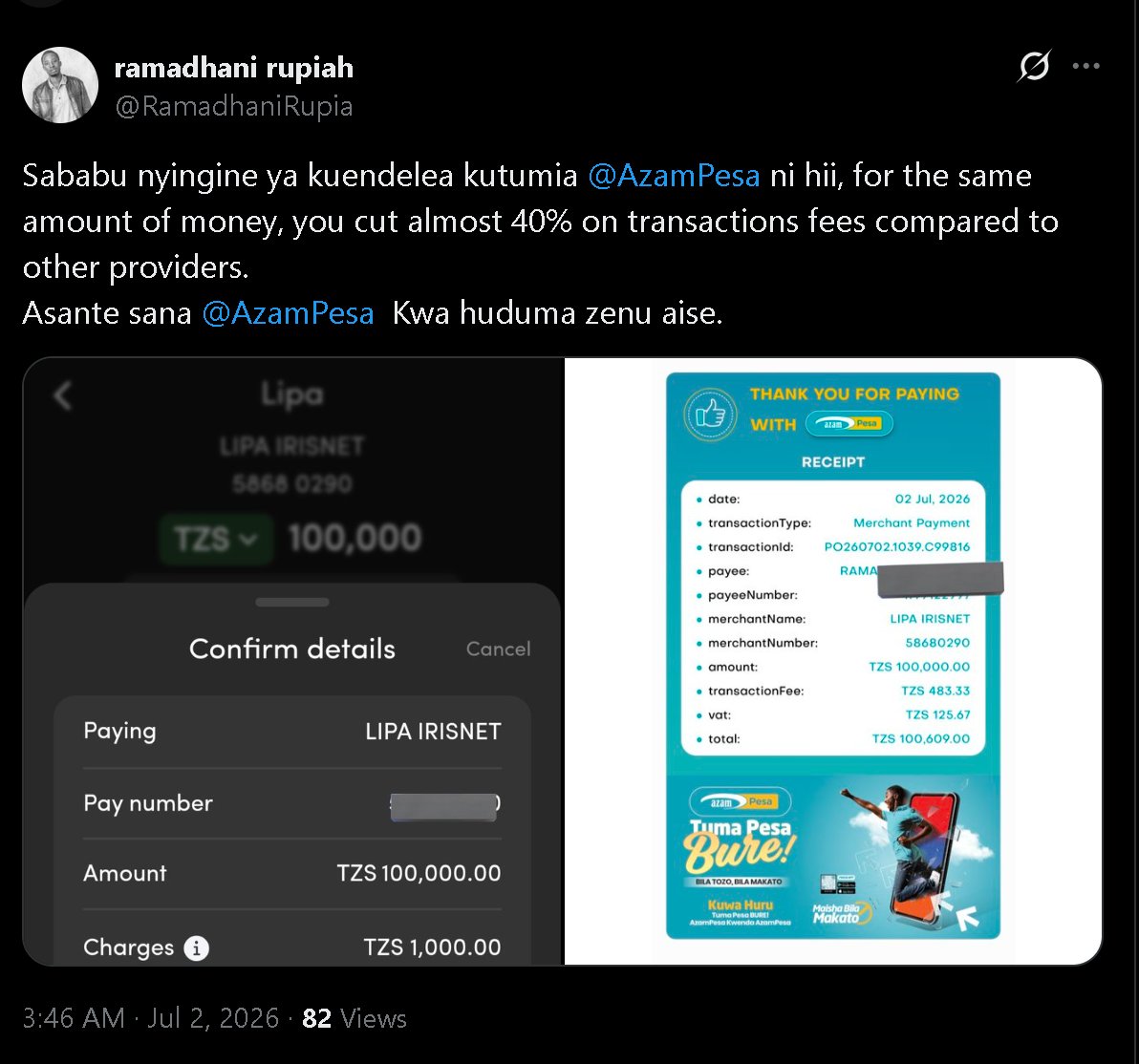 ahmadfirask's tweet photo. If you do merchant (lipa) payments regularly  in Tanzania you need to open an @AzamPesa account, its a no brainer. There is a reason mobile money in Tanzania generates record profits year after year. That reason is you not selecting lower cost alternatives. 

Ni jambo la akili. Huduma za mobile money hapa zinapata faida kubwa kila mwaka... kwa sababu bado unalipa ada kubwa badala ya kuchagua chaguo nafuu zaidi.
Acha kulipia zaidi. Badilisha kwa @AzamPesa leo na uweke zaidi ya pesa yako mkononi. 
Nani mwingine amechoka na momo ghali? Weka kama unabadilisha! @RamadhaniRupia