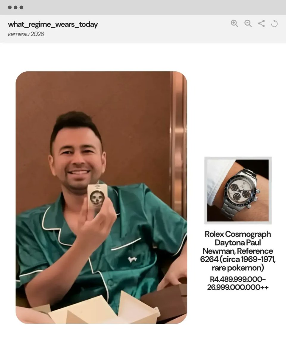 kalistohenituse's tweet photo. Raffi Ahmad, Utusan Khusus Presiden Bidang Pembinaan Generasi Muda dan Pekerja Seni Republik Indonesia. Dilantik Prabowo tanggal 24 Oktober 2024.

Lingkaran keluarga & kerabat di jabatan publik/strategis:

• Jeje Ritchie Ismail (adik ipar): Bupati Bandung Barat • Mufli Budi Ananda (asisten pribadi Raffi sejak lama): Komisaris PT Krakatau Posco

• Nisya Ahmad (adik kandung Raffi): Anggota DPRD Jawa Barat

• Tubagus Fiki Chikara Satari (kerabat dekat): Direktur Utama TVRI

• Barry Tamin (adik ipar, suami Caca Tengker): Komisaris Independen PT Sarinah

• Dony Oskaria (kerabat dari lingkaran Nagita Slavina, sekaligus mitra bisnis lama di RANS): Wakil Menteri BUMN

Sudah nge-laundry di Sabtu pagi ini, warga?

📸 cabinetcouture_season2