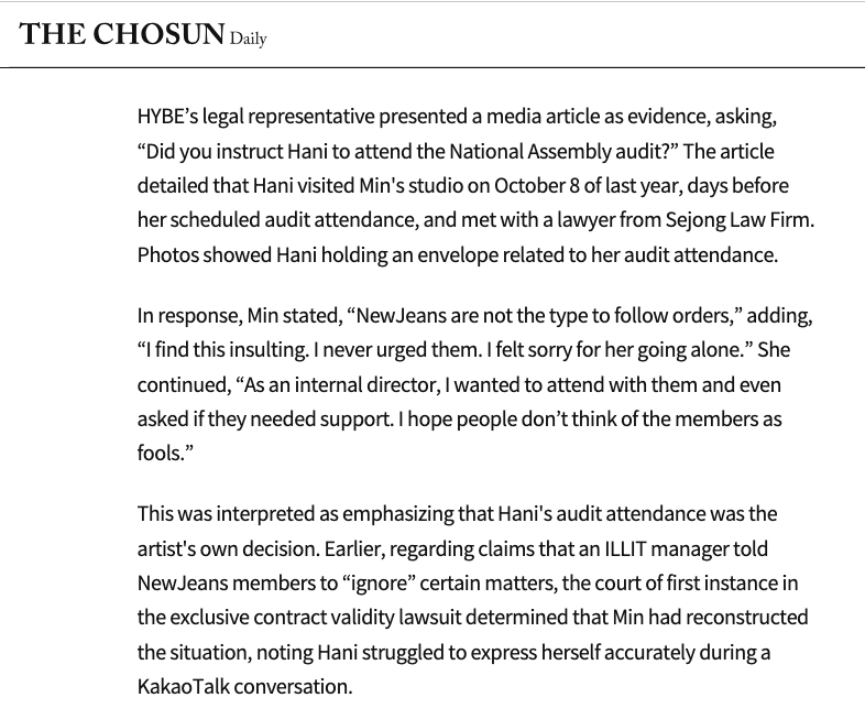 AsianEAC's tweet photo. In Min Hee-jin’s Nov 27 testimony during her put option hearing vs HYBE, she stated under oath that she neither instructed NewJeans to do the YouTube livestream nor told Hanni to attend the National Assembly hearing — nor any other moves aimed at leaving HYBE.  This directly contradicts the voice recording ADOR presented in court in the Danielle vs ADOR  3rd hearing, where they alleged she orchestrated the livestream and subsequent efforts to terminate the contract. 
Either she lied under oath or ADOR is misrepresenting the evidence. 
#NewJeans #MinHeeJin #HYBE #KpopNews #Hanni